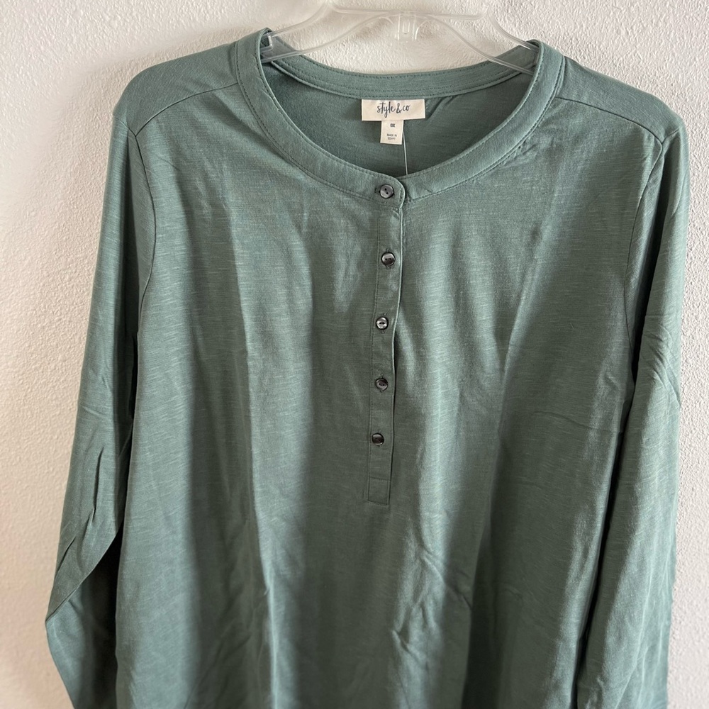 Style & Co. Long Sleeve Henley Tee in Sage Green
